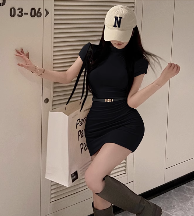 Sexy hot girl T-shirt dress 2025 spring and summer sweet and spicy style design hip skirt R1099