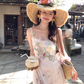 Pink long printed waist fishtail suspender dress for women summer French style slim temperament skirt R4821