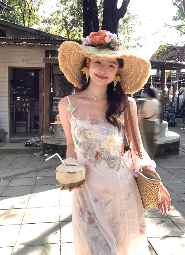 Pink long printed waist fishtail suspender dress for women summer French style slim temperament skirt R4821