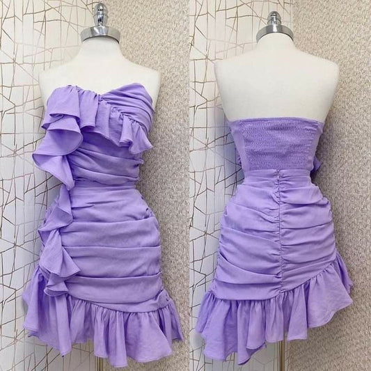 Purple tube top waist pleated sexy irregular short skirt homecoming dress R2890