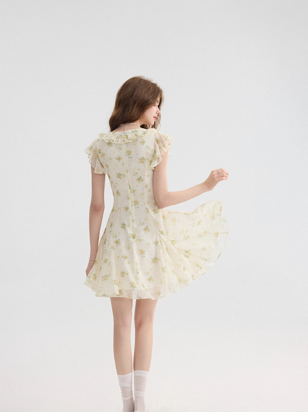 French tea break style floral dress ruffled short skirt R2701