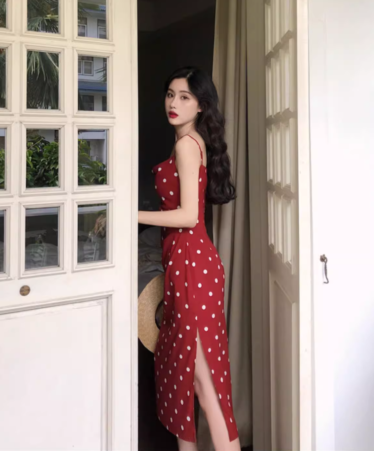 Retro mid-length polka dot dress French style holiday style sexy slim suspender skirt R1495