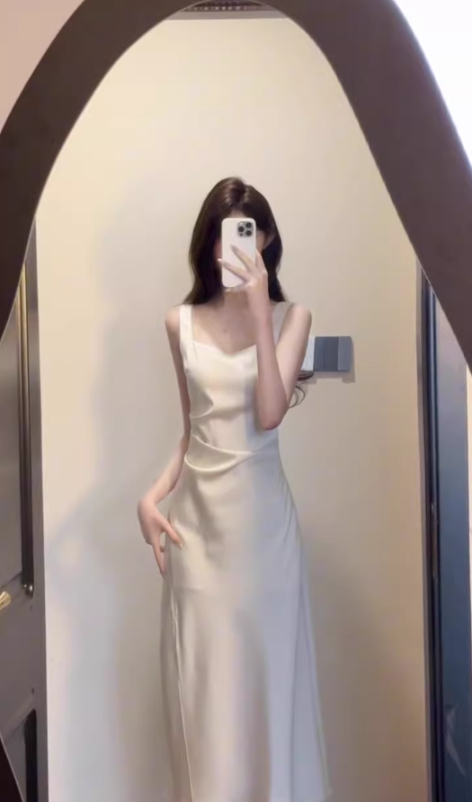 French high-grade satin suspender dress cool and elegant waist-length slit banquet dress for summer R0417