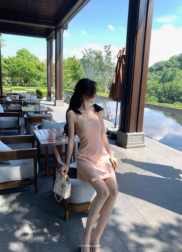 Pink suspender dress popular Korean style temperament daughter short skirt R4383