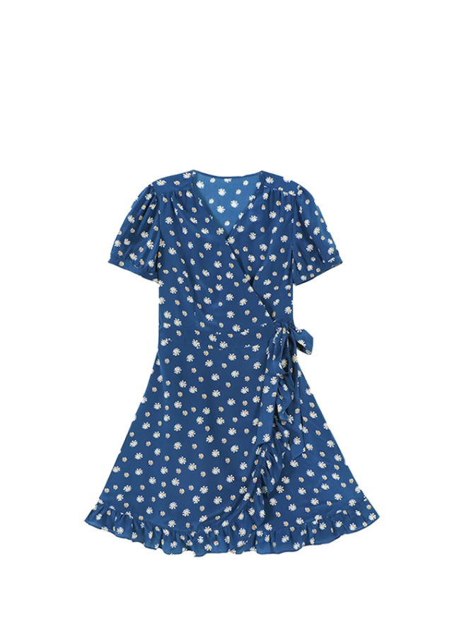 French V-neck lace-up printed dress for women 2025 summer short-sleeved dress R3343