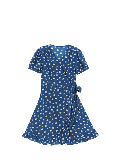 French V-neck lace-up printed dress for women 2025 summer short-sleeved dress R3343
