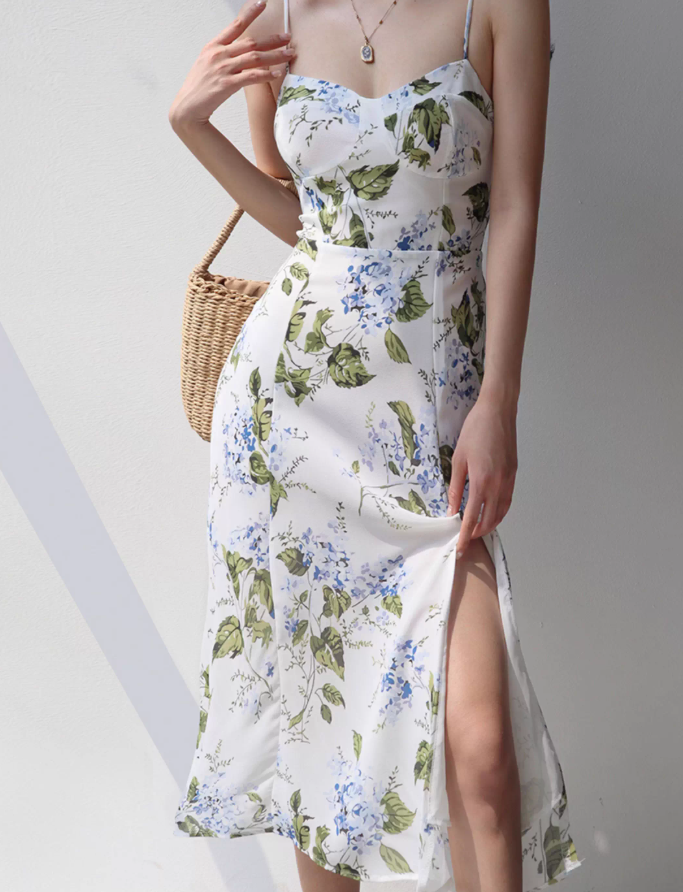 French retro leaf floral suspender skirt slim waist side slit dress long skirt R2820
