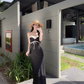 Temperament lace polka dot one-shoulder tube top dress with slim waist and hip-hugging long skirt R0581