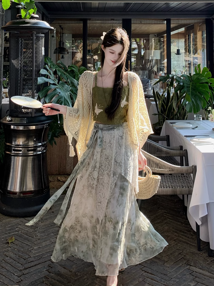 Fairy new Chinese suit butterfly embroidery sling ink dyeing skirt sweater a complete set R1747