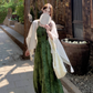 Dark green jacquard dress retro Chinese style suspender long skirt plus cardigan two-piece set R1736