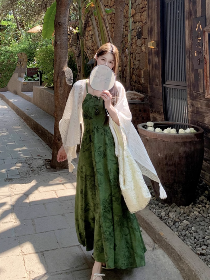 Dark green jacquard dress retro Chinese style suspender long skirt plus cardigan two-piece set R1736