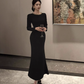 Hepburn style French black annual meeting dress high-end niche heavy backless dress R1815
