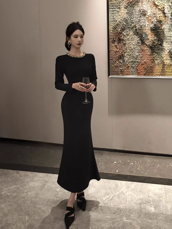 Hepburn style French black annual meeting dress high-end niche heavy backless dress R1815