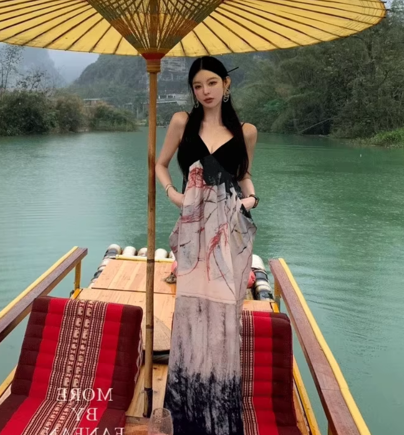 Ink print dress sexy backless holiday design sling sexy V-neck lazy skirt R1489