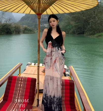Ink print dress sexy backless holiday design sling sexy V-neck lazy skirt R1489