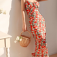 French sexy backless waist slim rose print retro suspender long dress holiday dress R2803