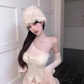 Pure lace fishbone tube top 2025 oblique shoulder trumpet sleeve hip skirt suit R1360