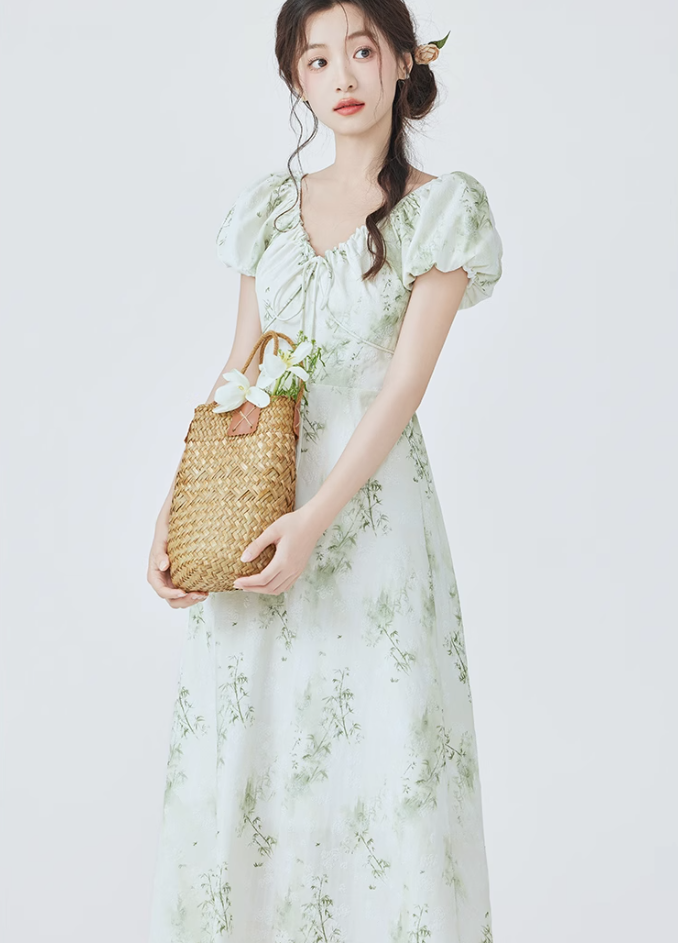 French floral dress new tea break beautiful dress waist long dress temperament R2363