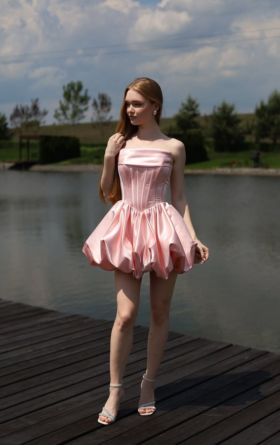 Pink tube top waist slim princess skirt homecoming dress R3617
