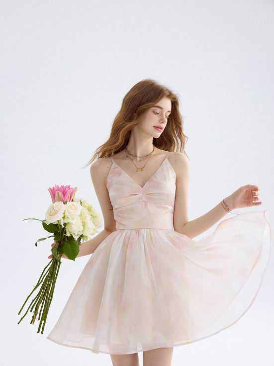 Cherry Blossom Floral Dress French Suspender Dress Holiday Outfit Short Skirt Women Summer R3424