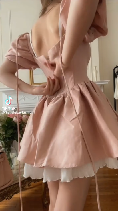 Pink satin square neck waist slim A-line princess skirt homecoming dress R3368