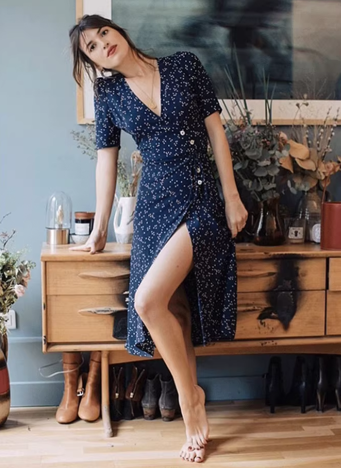 French retro dress green floral slim v-neck one-piece wrap-around lace-up tea dress R2925