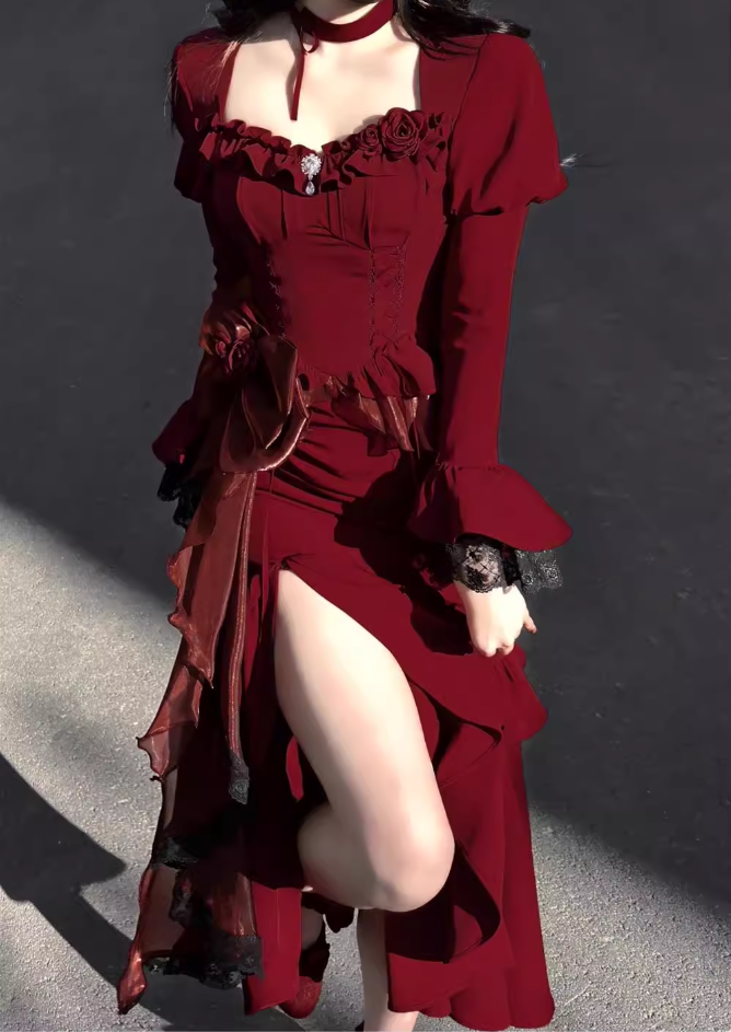 French Hepburn lolita elegant red fishtail dress dress high-grade small dress super fairy R1647