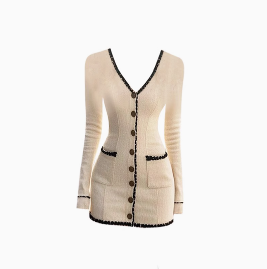 2025 V-neck contrast long-sleeved dress with waist and hip-hugging mini skirt R1091