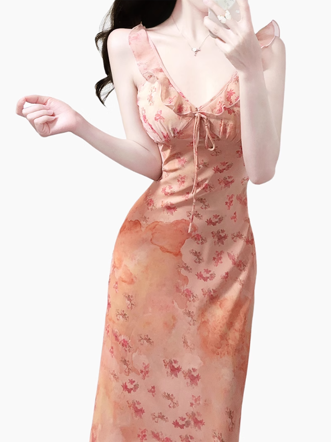 2025 summer new pink floral gentle style small flying sleeve waist lace dress R0954