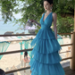 Blue seaside holiday long dress cake dress halter neck backless dress waist beach dress R1589