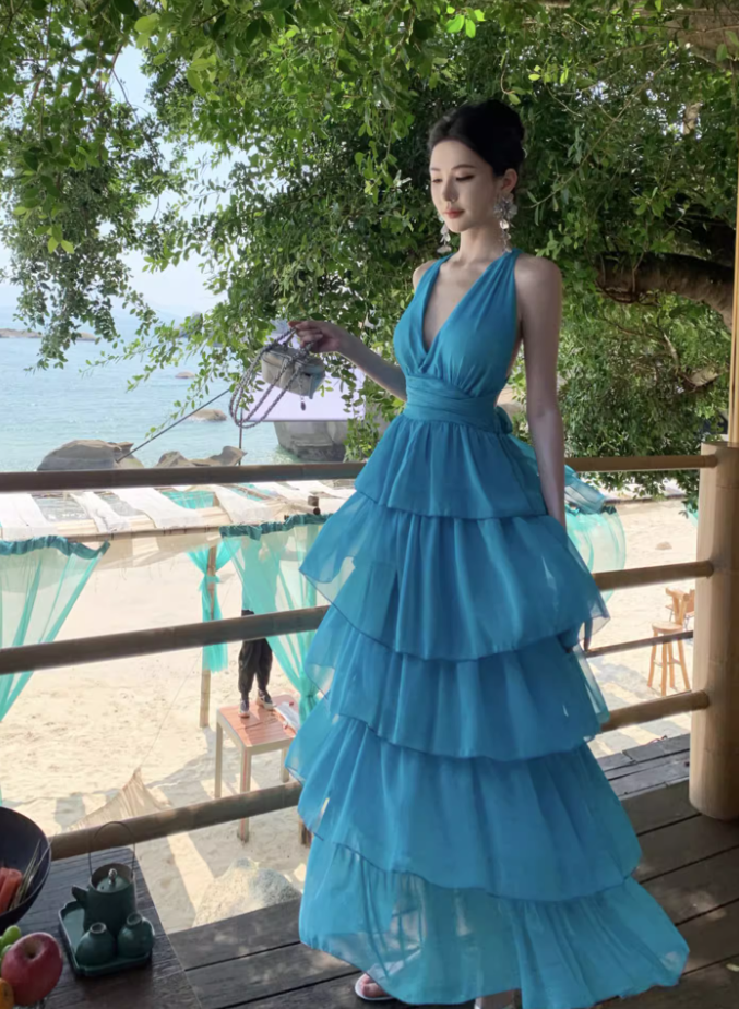 Blue seaside holiday long dress cake dress halter neck backless dress waist beach dress R1589