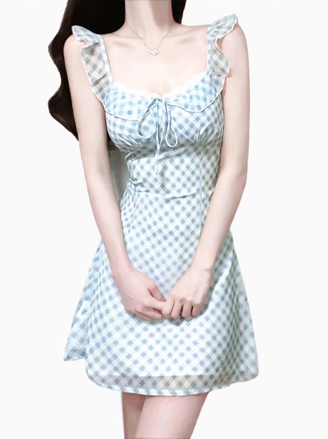 2025 Summer New Blue Plaid Lace Square Neck Short Sleeveless Dress R0969