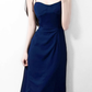 2025 Summer New French Retro Blue Waist Cross Pleated Suspender Dress R0971