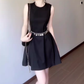 Hepburn style black vest dress gentle temperament waist A-line short skirt women R0845