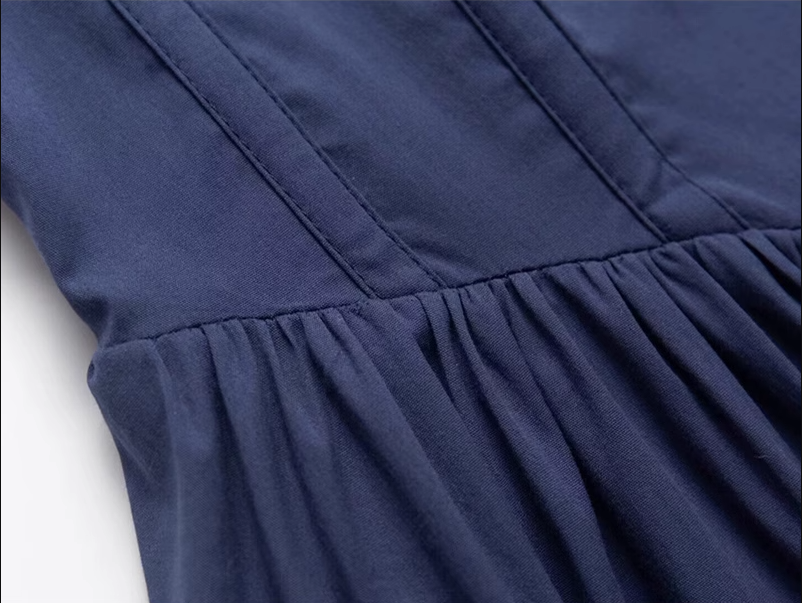 2025 Summer New Blue Square Neck Puff Sleeve Waist Slimming Short A-Line Dress R0944