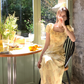Sunset romantic atmosphere yellow floral dress women's holiday wear long dress R4342