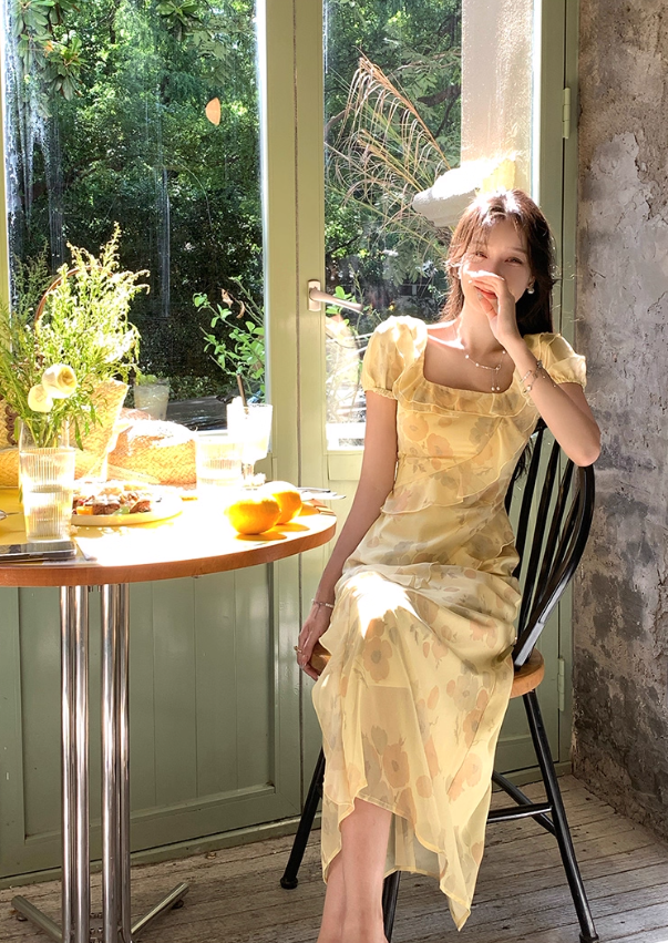 Sunset romantic atmosphere yellow floral dress women's holiday wear long dress R4342