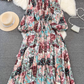 Fashion lantern long sleeve round neck waist a-line print irregular dress elegant long skirt R0404
