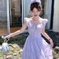 Purple square neck small flying sleeve suspender dress summer French style waist slim temperament skirt R4705
