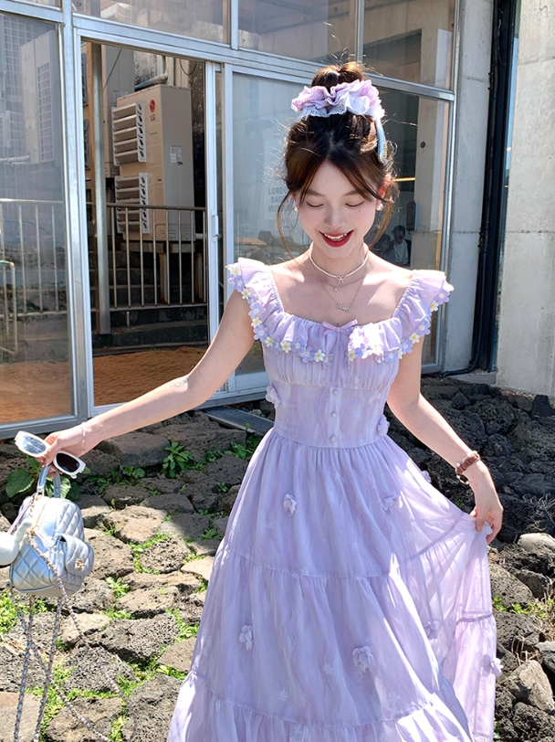 Purple square neck small flying sleeve suspender dress summer French style waist slim temperament skirt R4705