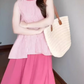 A set of gentle pink striped sleeveless top a-line skirt beautiful suit R0782