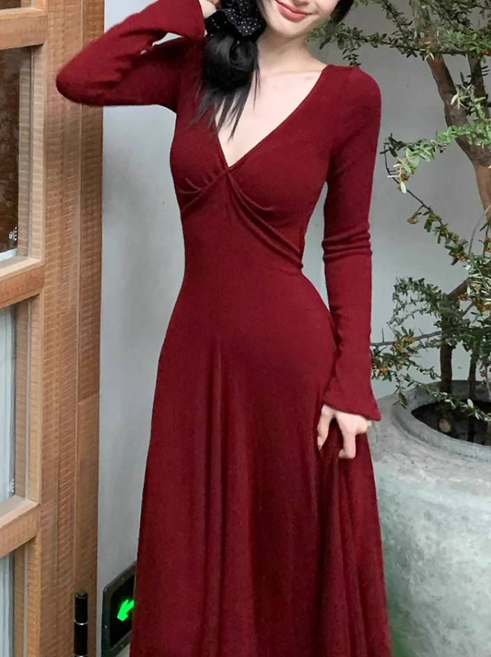 French retro wine red V-neck dress holiday style waist a-line drape long skirt R1035