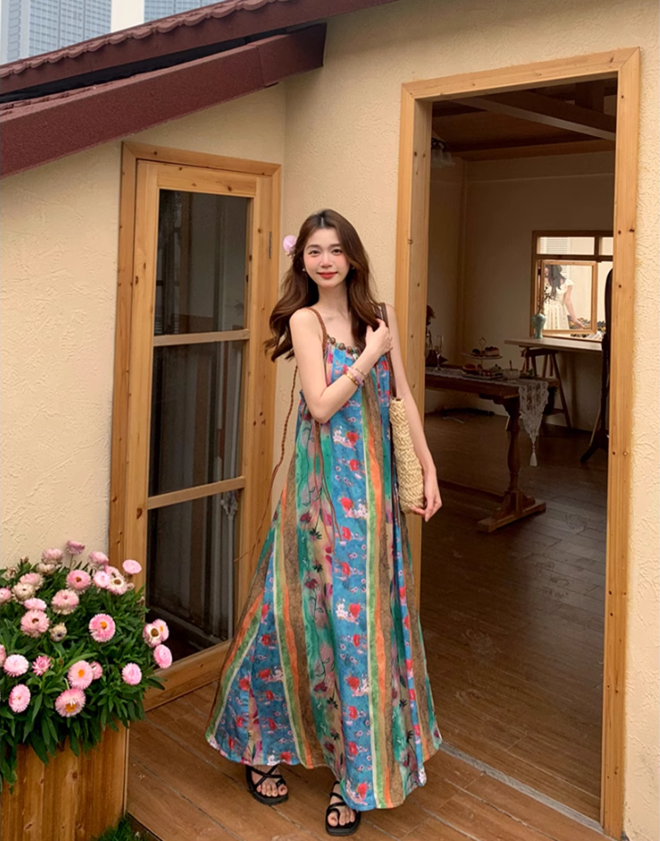 Fairy ethnic style holiday travel wear floral suspender long skirt loose oil painting dress R1750