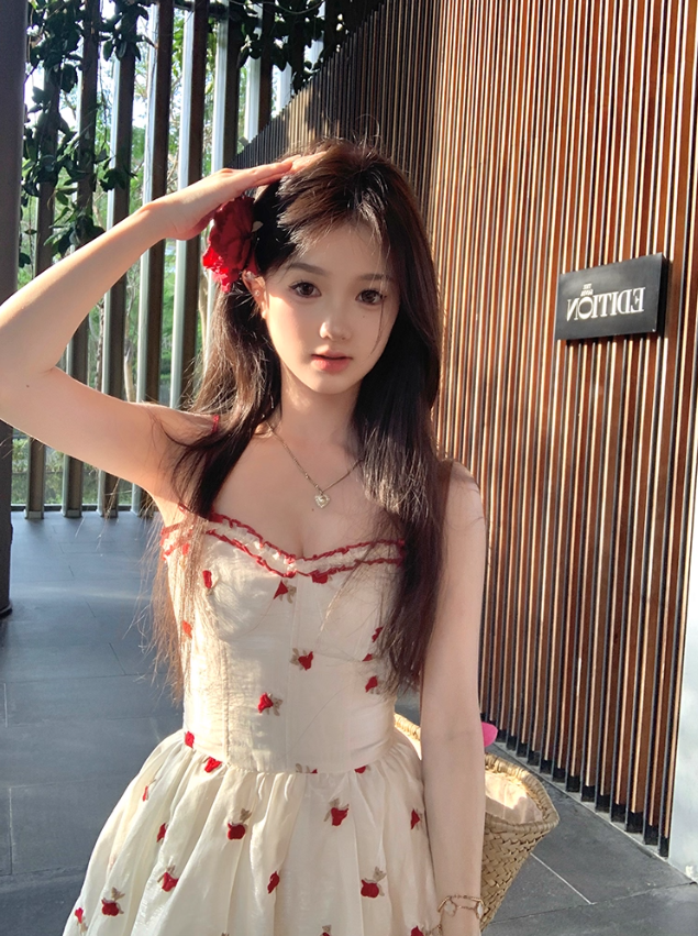 Red printed waist suspender dress summer slim a-line skirt French style petite skirt R4779