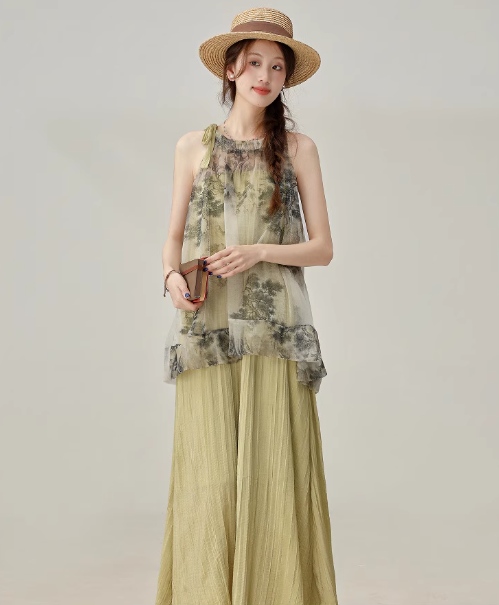 2025 Summer New Chinese Style Sleeveless Dress Retro Printed Long Dress R1917