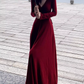 French retro wine red V-neck dress holiday style waist a-line drape long skirt R1035