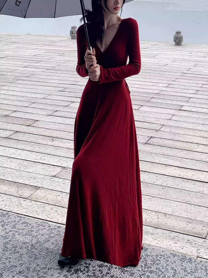 French retro wine red V-neck dress holiday style waist a-line drape long skirt R1035