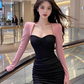 Contrast color square neck long sleeve dress new hot girl sexy waist slimming hip short skirt R3384
