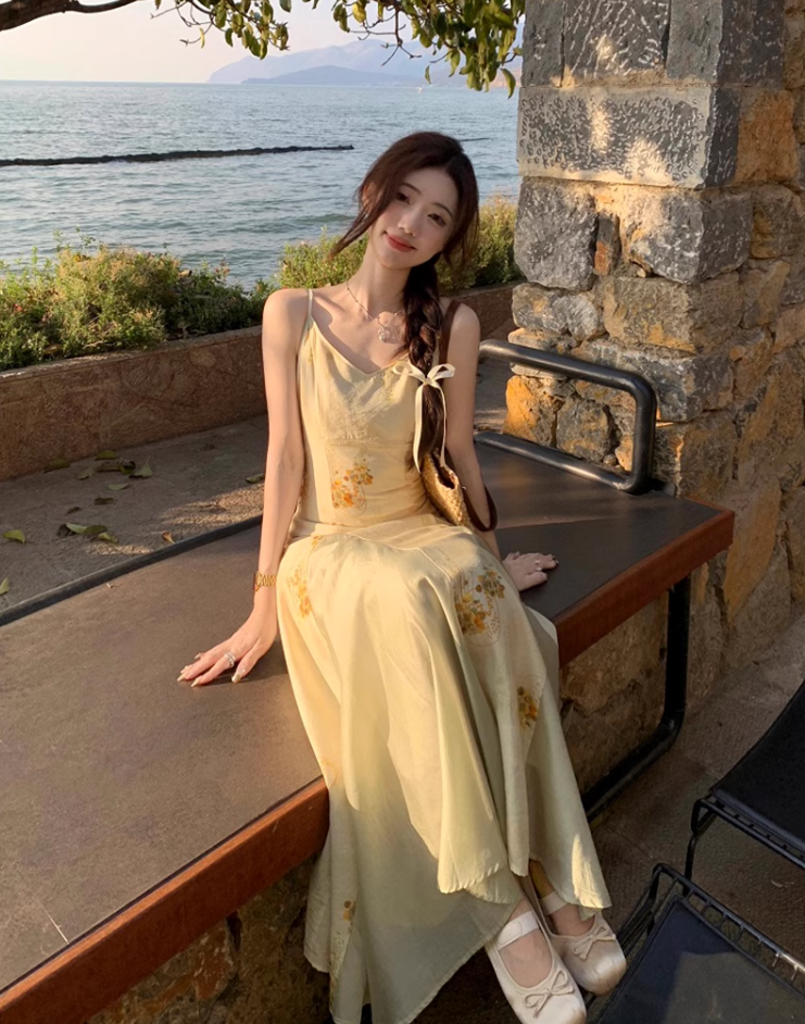 Printed suspender dress Chinese style women's clothing small size big swing v-neck long dress R1708