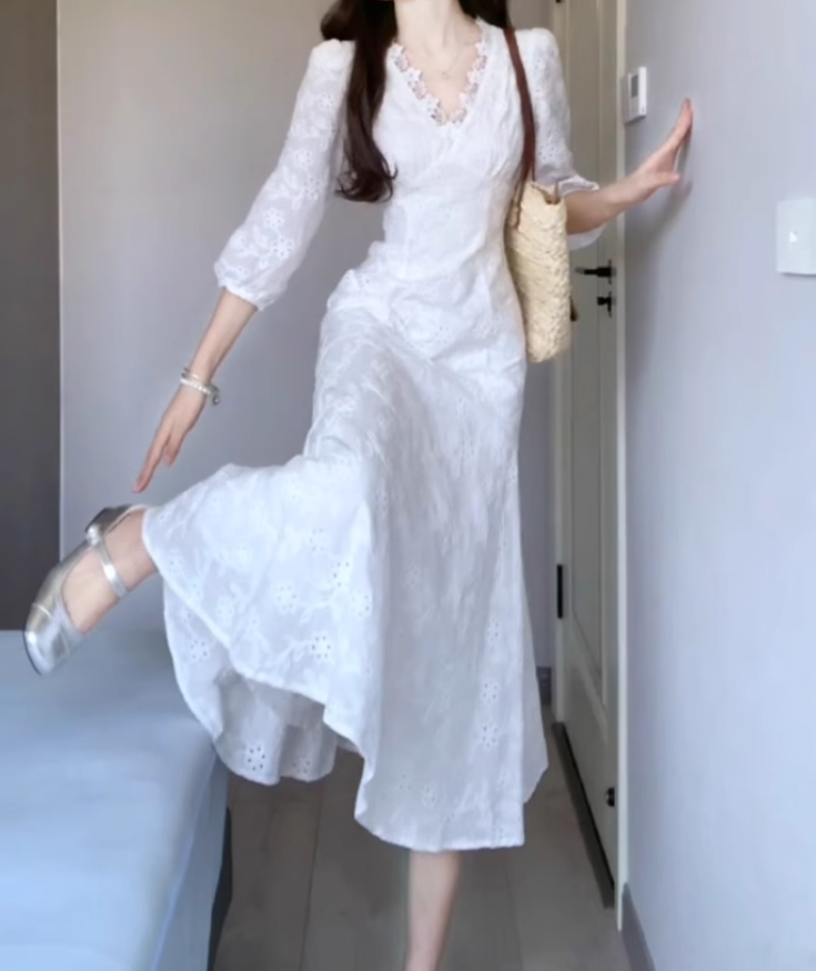 Large size French temperament embroidery design dress gentle slim fishtail long skirt R1828